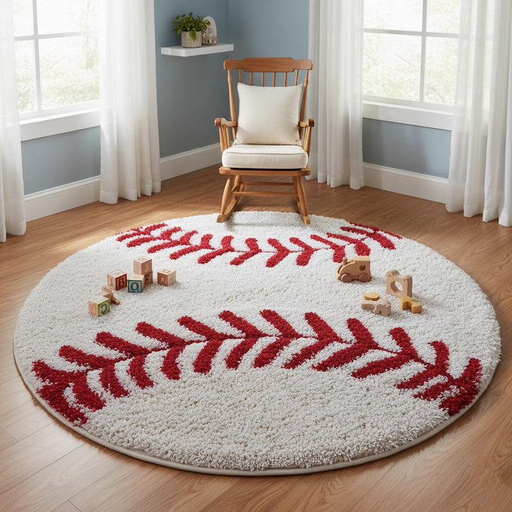 Translation missing: es.Hand-tufted baseball rug round with red stitching, soft plush sports theme carpet for kids' rooms and nurseries