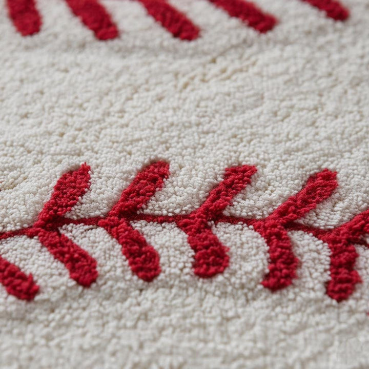 Translation missing: es.Hand-tufted round baseball rug with red stitching for kids' sports-themed rooms