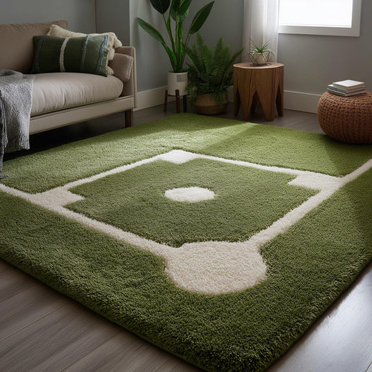 Translation missing: es.Handmade green baseball field wool rug for kids playroom and modern living room decor