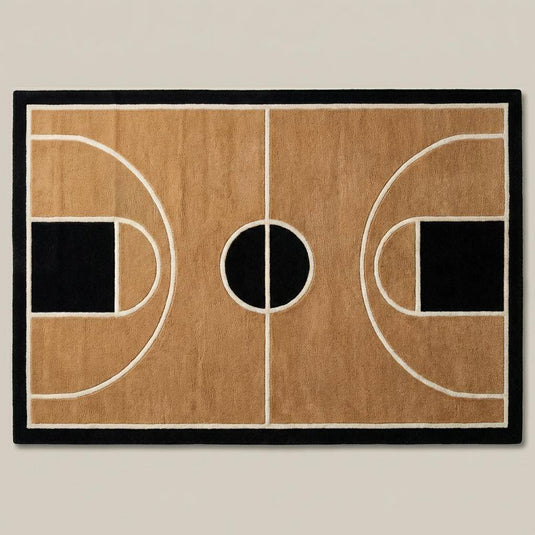 Translation missing: es.Large rectangular basketball themed rug anchoring open floor seating area