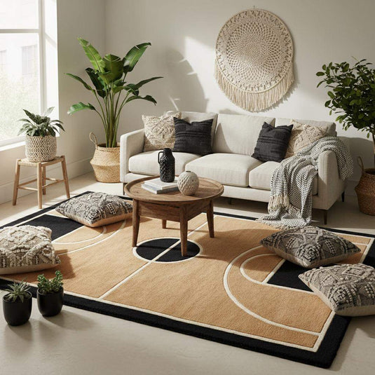 Translation missing: es.Geometric basketball court pattern with curved and straight line layout