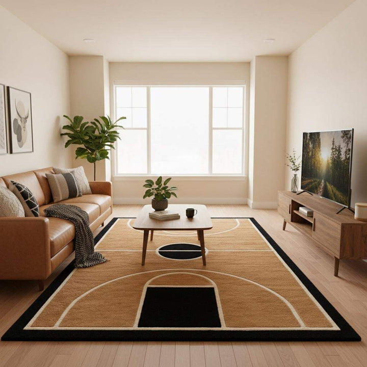Translation missing: es.Warm tan rug base with deep black and ivory court markings