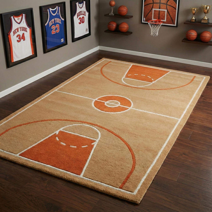 Translation missing: es.Basketball court area rug with plush cut-pile and classic indoor court design for kids' rooms and playrooms