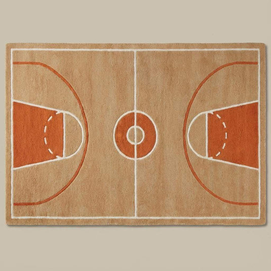 Translation missing: es.Detailed view of basketball court pattern rug with center circle and key areas highlighted in rust orange tones