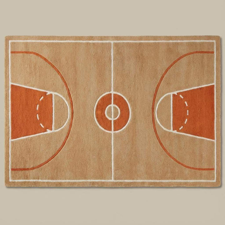 Translation missing: es.Detailed view of basketball court pattern rug with center circle and key areas highlighted in rust orange tones