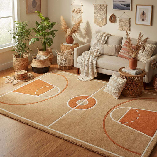 Translation missing: es.Basketball themed rug styled in a kids playroom with sports décor, creating a fun and energetic interior setup