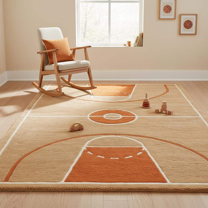 Translation missing: es.Beige and burnt orange basketball area rug showing contrast court lines and neutral background color balance