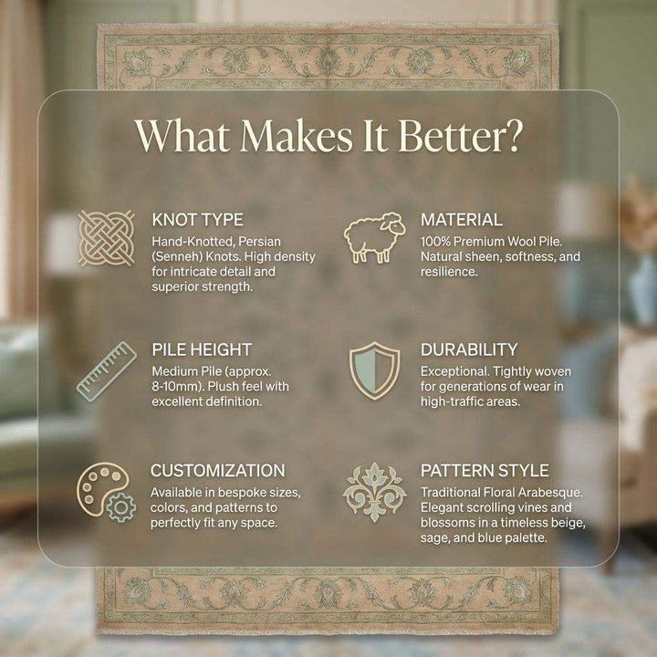 Translation missing: es.Beige Sage Floral Vine Pattern Hand Knotted Area Rug