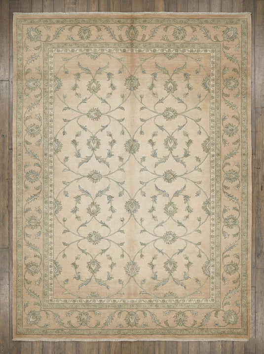 Translation missing: es.Beige sage floral vine pattern hand knotted area rug with elegant European design
