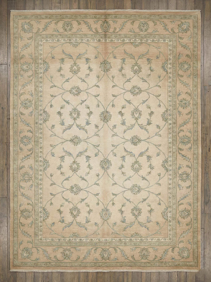 Translation missing: es.Beige sage floral vine pattern hand knotted area rug with elegant European design