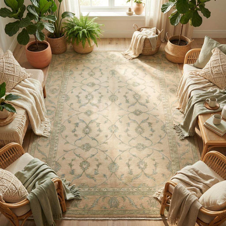 Translation missing: es.Classic beige floral area rug styled in elegant living room interior décor setting