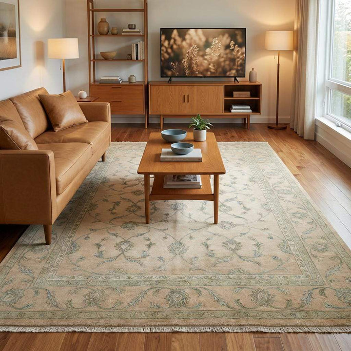 Translation missing: es.Rectangular rug featuring symmetrical floral vine medallion pattern with ornate border