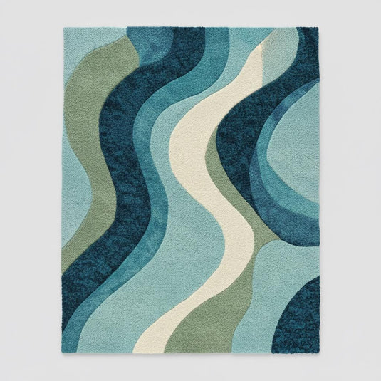 Translation missing: es.Blue wavy abstract area rug with layered blues and teals in modern coastal living room setting