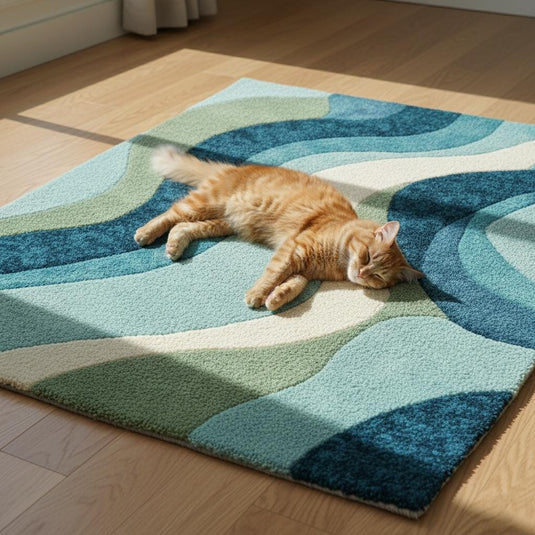 Translation missing: es.Blue wavy abstract area rug with layered blues and teals in modern coastal living room