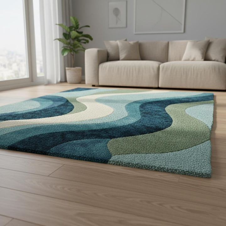 Translation missing: es.Blue wavy abstract area rug with layered blues and teals in a modern coastal living room setting