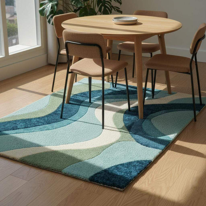 Translation missing: es.Blue wavy abstract area rug with coastal blues and teal waves in modern living room setting