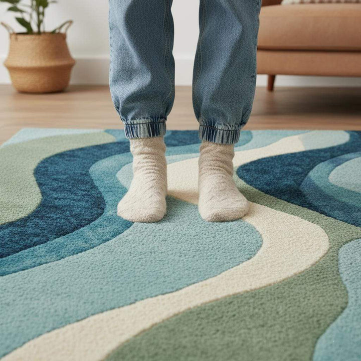 Translation missing: es.Blue wavy abstract area rug with layered blues and teals in a modern coastal living room setting