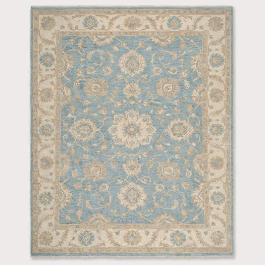 Translation missing: es.Floral medallion pattern in ivory and sky blue hand knotted rug