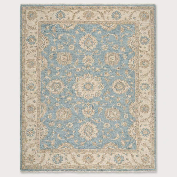 Translation missing: en.Floral medallion pattern in ivory and sky blue hand knotted rug