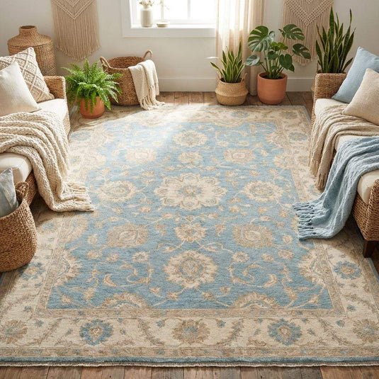 Translation missing: es.Rectangular hand knotted wool rug with traditional border on wooden floor