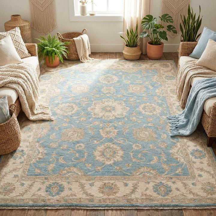 Translation missing: en.Rectangular hand knotted wool rug with traditional border on wooden floor