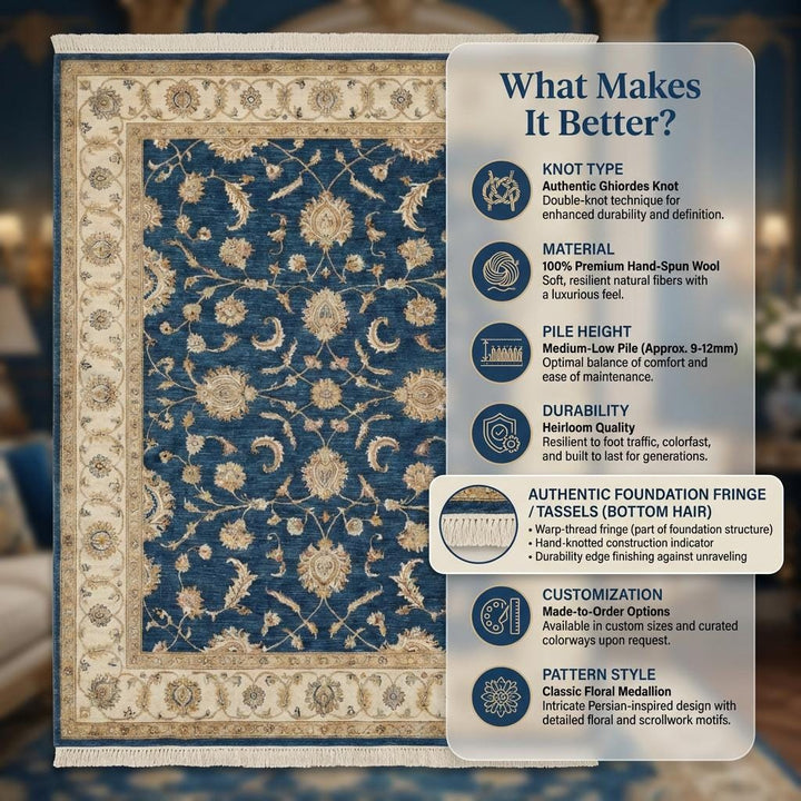 Translation missing: en.Blue Oushak Hand Knotted Wool Area Rug Floral Design