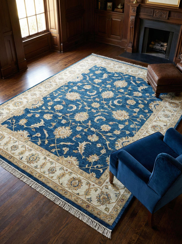 Translation missing: en.Blue Oushak hand knotted wool area rug with traditional floral design and natural wool texture
