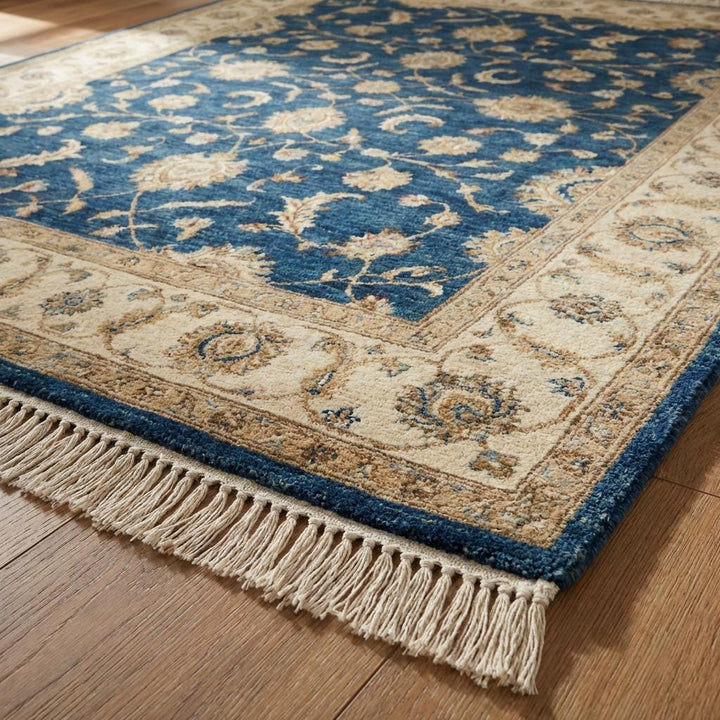 Translation missing: en.Authentic Oushak style wool rug with hand tied fringe and rich blue tones