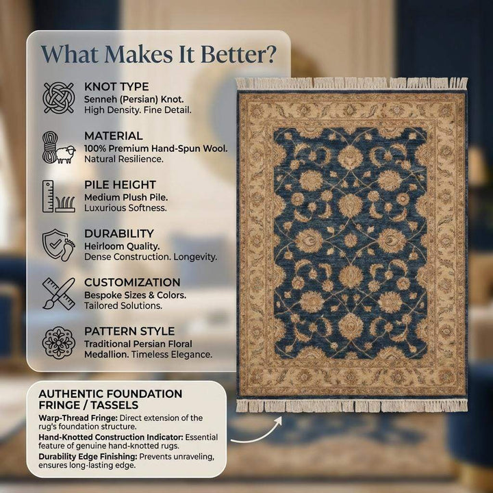 Translation missing: es.Blue Persian Floral Wool Rug, Hand Knotted Traditional Living Room Carpet
