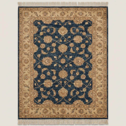 Translation missing: es.Traditional blue wool area rug with floral vine pattern and beige border detail