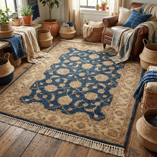 Translation missing: es.Persian style hand knotted rug featuring navy blue field and classic floral motifs