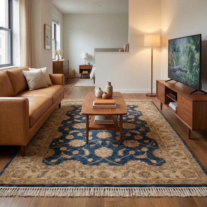 Translation missing: es.Timeless blue floral wool rug showcasing artisanal craftsmanship and elegant border design