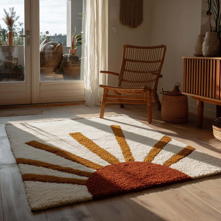 Translation missing: es.Cream and terracotta boho sun rug with tufted sunrise design for cozy, stylish decor