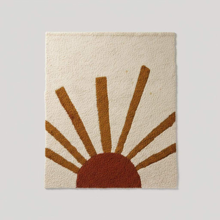 Translation missing: es.Overhead view of bohemian rug with sunburst motif on cream background