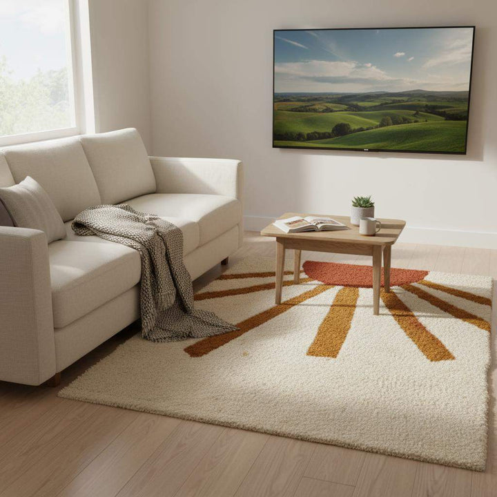 Translation missing: es.Modern boho area rug with warm sun design and textured surface