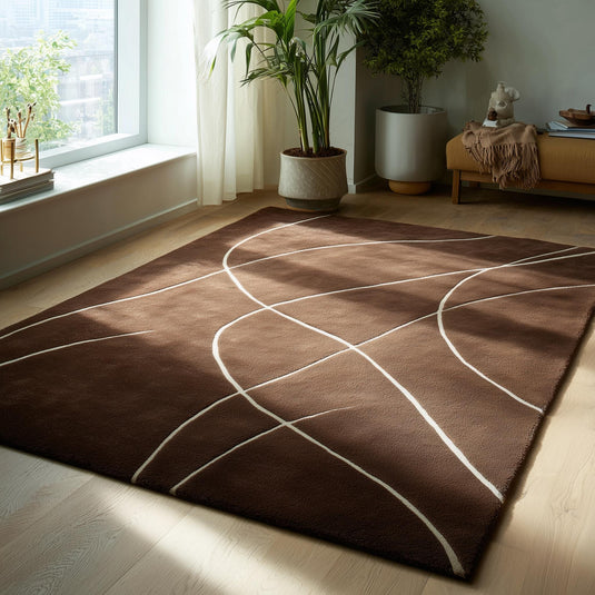 Translation missing: en.Brown abstract rug with white curved lines hand tufted modern area carpet