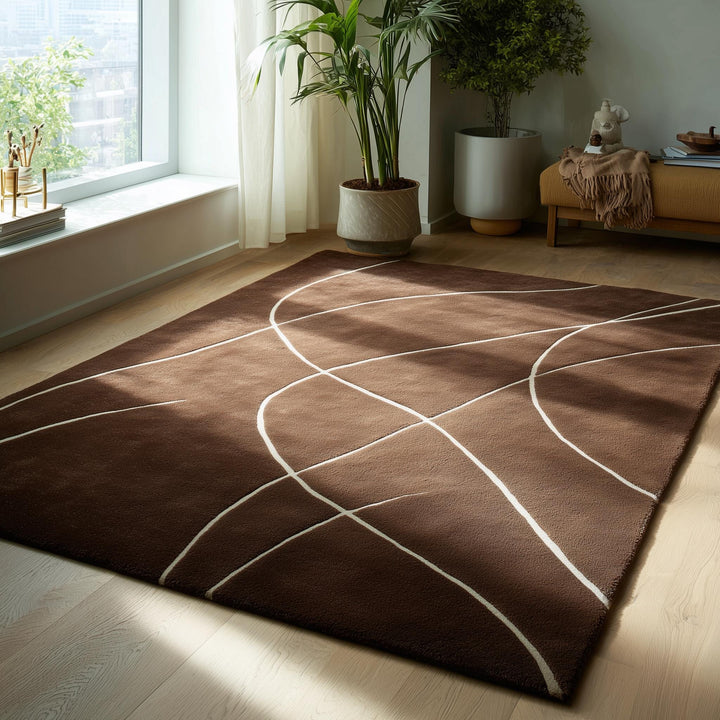 Translation missing: en.Brown abstract rug with white curved lines hand tufted modern area carpet
