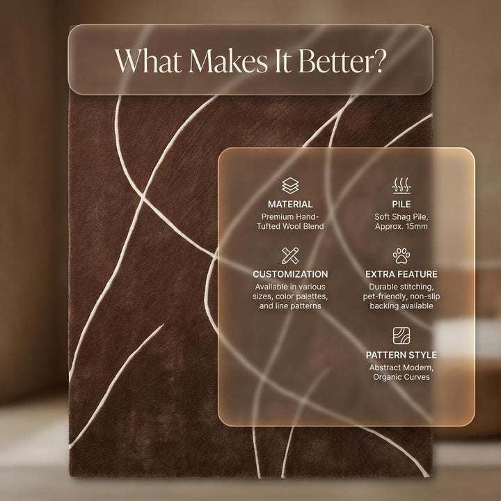 Translation missing: en.Brown abstract rug with white curved lines, modern hand tufted area carpet for living room