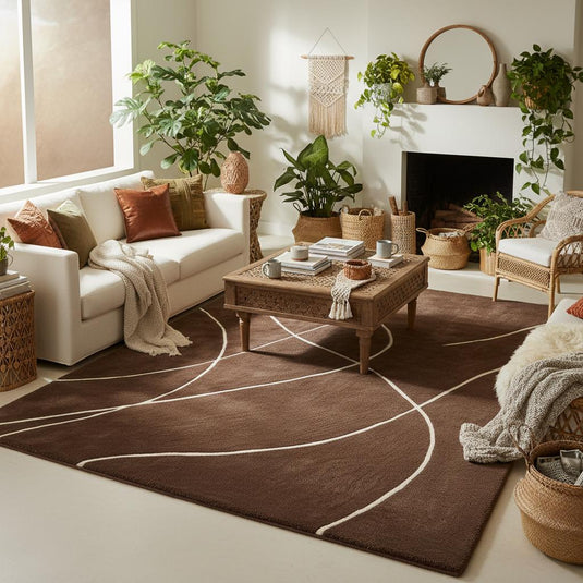 Translation missing: en.Brown abstract rug with white curved lines on rich brown background, modern hand tufted area rug