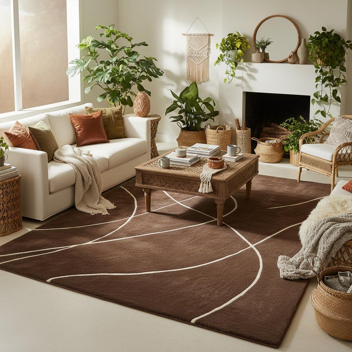 Translation missing: en.Brown abstract rug with white curved lines on rich brown background, modern hand tufted area rug