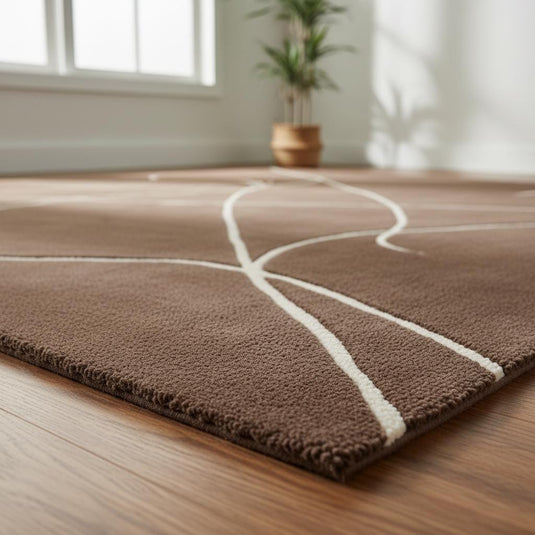 Translation missing: en.Brown abstract rug with white curved lines, hand tufted modern area carpet