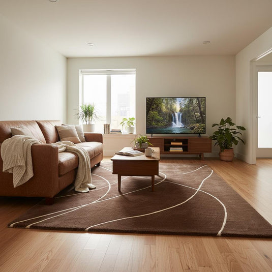 Translation missing: en.Brown abstract rug with curved white lines on a soft, hand tufted brown background for modern living spaces