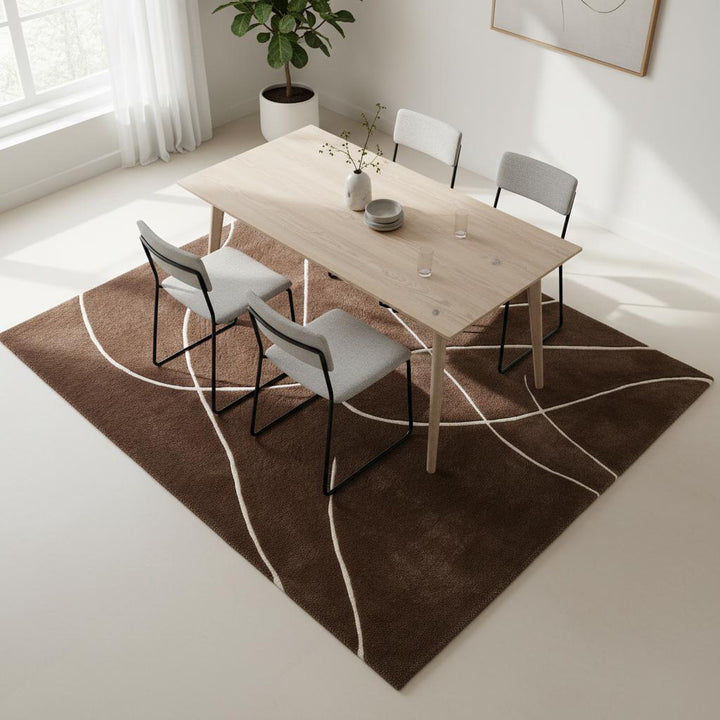Translation missing: en.Brown abstract rug with hand tufted curved white lines on rich brown background for modern living spaces
