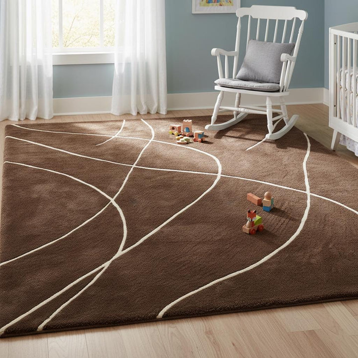 Translation missing: en.Brown abstract rug with white curved lines, modern hand tufted area carpet