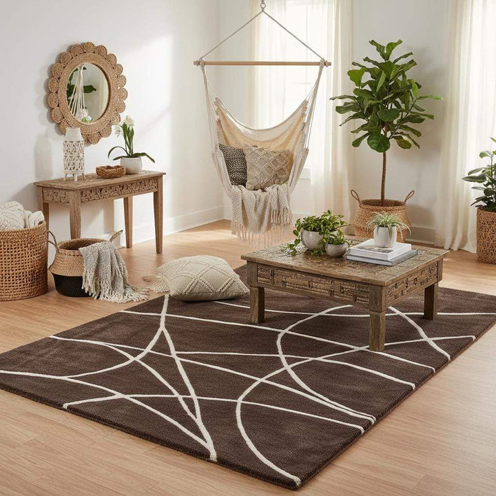 Translation missing: es.Brown Modern Geometric Area Rug – Chocolate &amp; Cream Abstract Line Carpet for Living Room, Bedroom, Neutral Home Decor, Soft Minimalist Rug