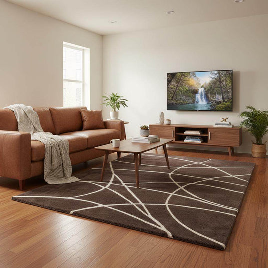 Translation missing: es.Brown Modern Geometric Area Rug – Chocolate &amp; Cream Abstract Line Carpet for Living Room, Bedroom, Neutral Home Decor, Soft Minimalist Rug