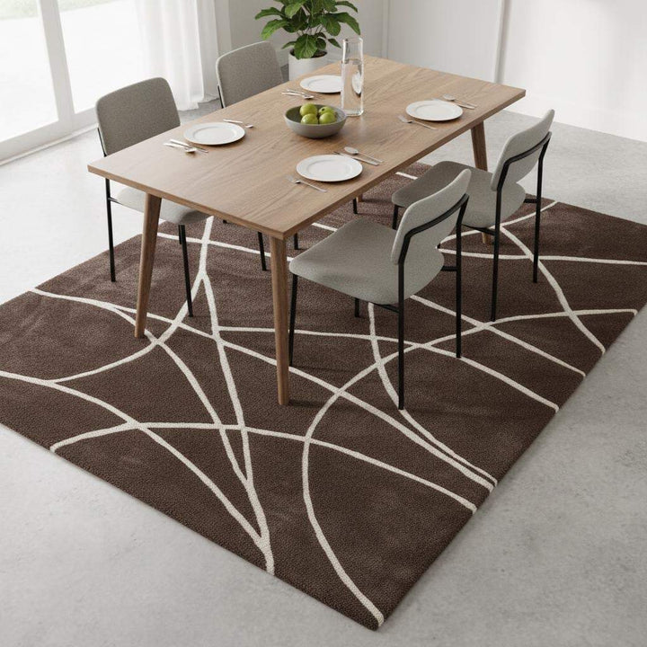 Translation missing: es.Brown Modern Geometric Area Rug – Chocolate &amp; Cream Abstract Line Carpet for Living Room, Bedroom, Neutral Home Decor, Soft Minimalist Rug