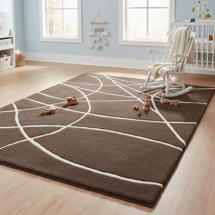 Translation missing: es.Brown Modern Geometric Area Rug – Chocolate &amp; Cream Abstract Line Carpet for Living Room, Bedroom, Neutral Home Decor, Soft Minimalist Rug