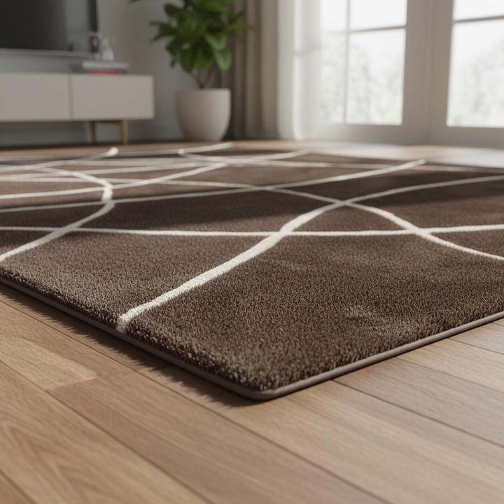 Translation missing: es.Brown Modern Geometric Area Rug – Chocolate &amp; Cream Abstract Line Carpet for Living Room, Bedroom, Neutral Home Decor, Soft Minimalist Rug