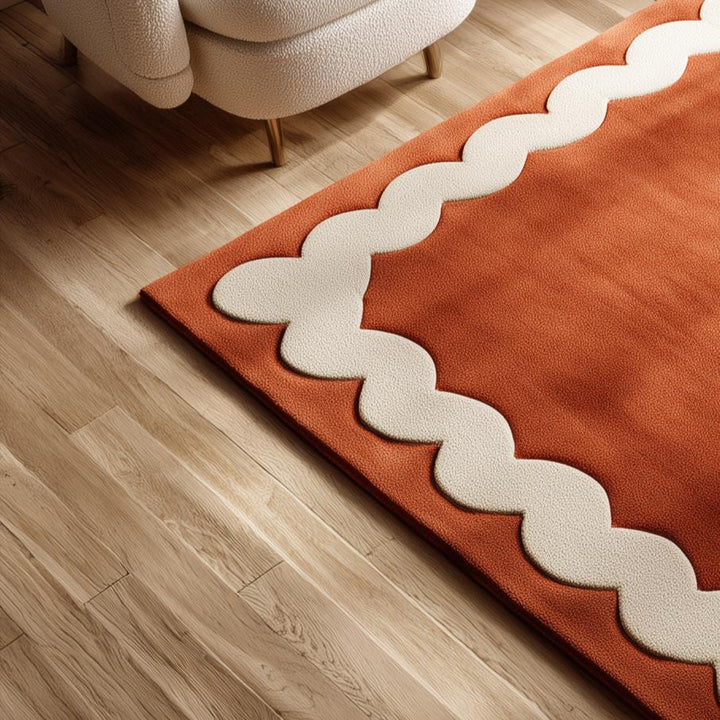 Translation missing: en.Burnt Orange Tufted Area Rug: Wavy Cream Border, Scandinavian Style